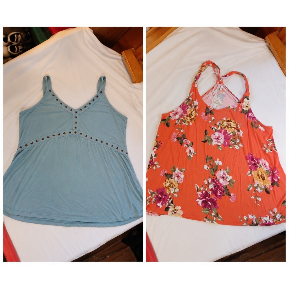 Lot of 2 Maurices Plus Sz 3X Flowy Tank Tops. Floral Orange & Blue w/Eyelets